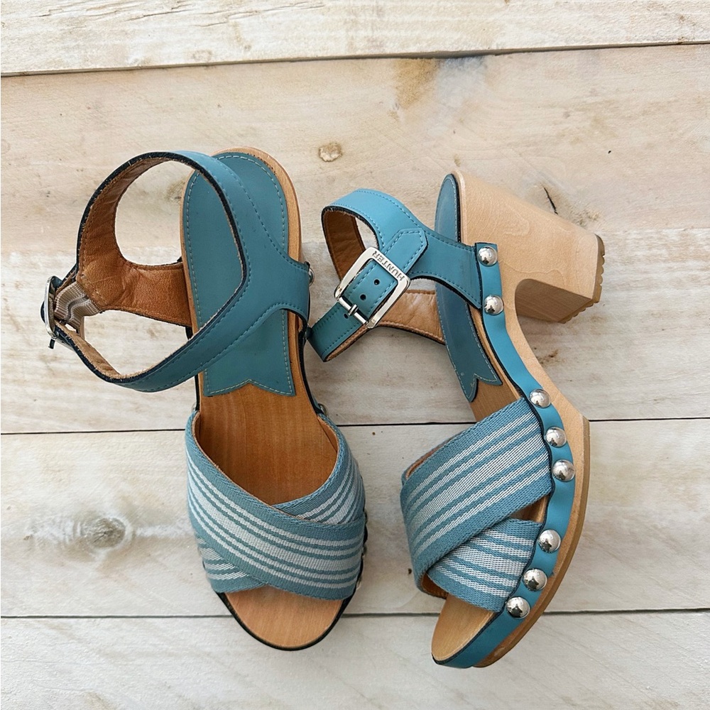 Hunter Blue and Tan Mules with Elegant Strappy Design